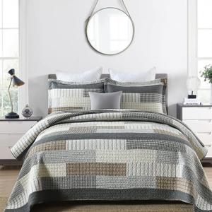 PERHOM Quilt Queen Size - 100% Cotton Farmhouse Rustic Queen Quilt Set, Cabin Bedding Set Bedspreads, Lodge Lightweight Patchwork Plaid Quilted Comforter for Queen Bed, Grey/Brown/Beige (Queen(98"x90"), Grey/Tan/Black)