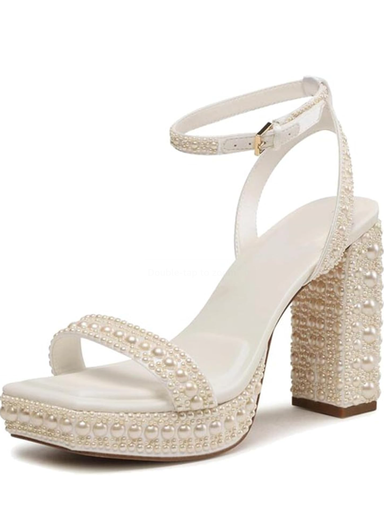 Goolita Womens Open Toe Pearl Platform Heels For Women Chunky Buckle Ankle Strap Wedding Heeled Sandals Dress Evening Bride Bridal Shoes
37