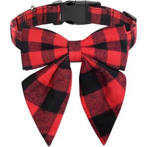 Malier Christmas Dog Collar With Bow Tie, Classic Plaid Soft Durable Holiday Collar for Small Medium Large Dogs Pet Puppy (Red & Black, Small)