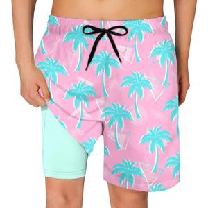Cozople Boys Swim Trunks Compression Liner Swim Shorts Quick Dry Bathing Suit with Boxer Brief Swimwear 2-20T (Pink)