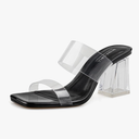 BCTEX COLL Women's Clear Heeled Sandals Transparent Two Strap Square Toe Slip On Chunky Block Heels Dress Shoes, Beige, Black, Nude, Rose Gold Size 7