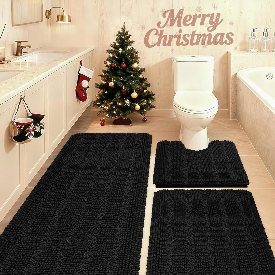 ACCUMTEK Striped Black Bathroom Rug Set 3 Pieces Ultra Soft, Non Slip Chenille Toilet Mat, Absorbent Plush Shaggy Bath Mats for Bathroom, Bedroom, Kitchen (2'8"x1'8"+2'1'5"+U Shape 2'x1'8")