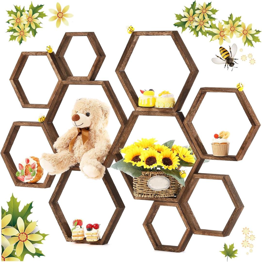 Gerrii 10 Pcs Honey Comb Decorations 5 Sizes Wood Hexagon Shelves Honeycomb Centerpiece Cupcake Stand Wooden Bee Hive Display Holder for Baby Shower Honeybee DIY Birthday Party Decor (Dark Brown)