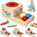 Montessori Toys for 1 Year Old, 6 in 1 Wooden Toys for Baby Boy Girl, Object Permanence Box, Color&Shape Sorting Learning Matching Game, Carrot Harvest, Preschool Educational Gift (new coin box), Medium
