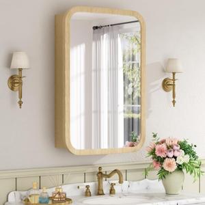 16x24 Inch Wood Medicine Cabinet with Mirror, Surface or Recessed Mount Bathroom Mirror Cabinet, Adjustable Glass Shelves, Soft-Close Door, Rounded Corner, Fully Assembled, Oak