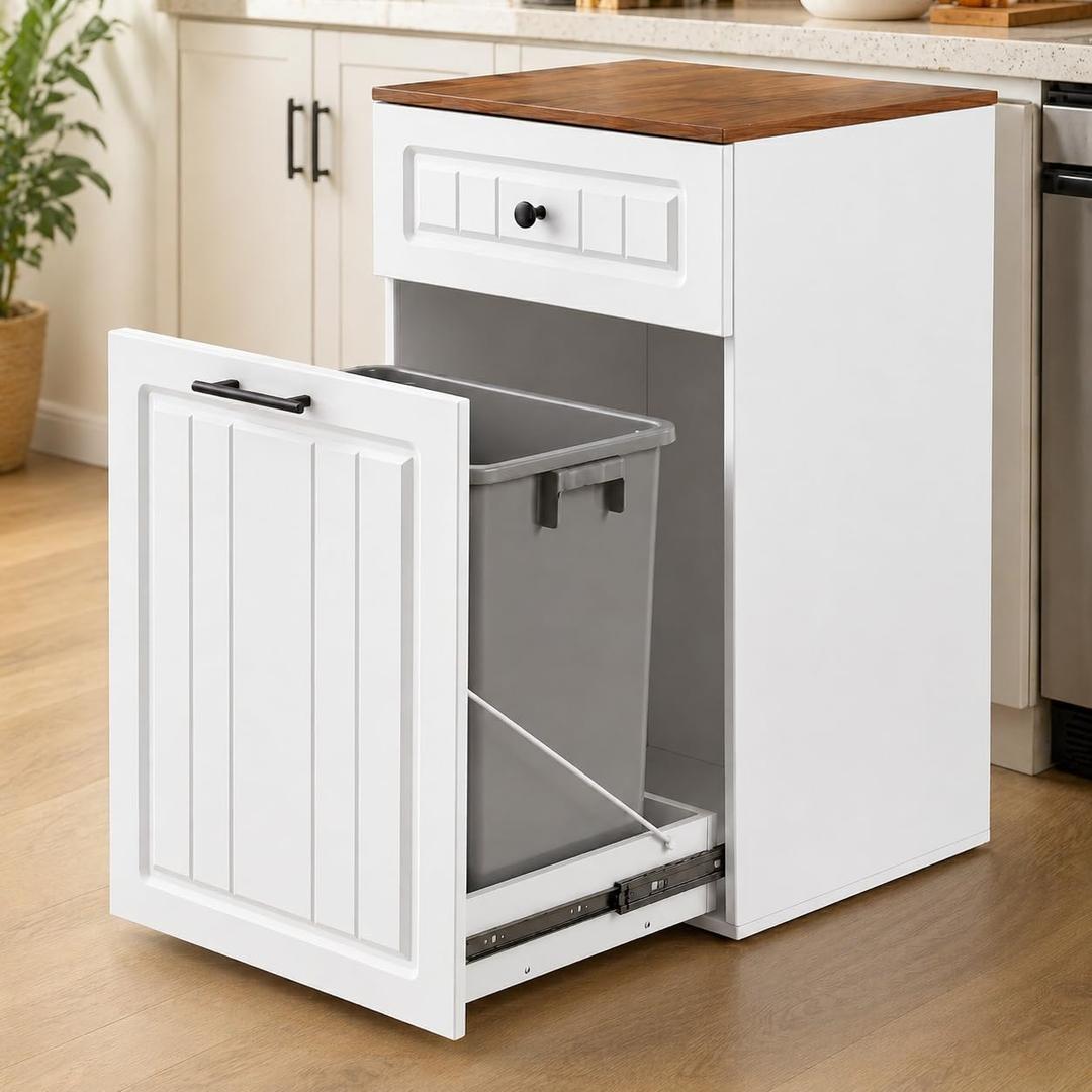 13 Gallon Pull Out Trash Can Cabinet with Drawer, Hidden Kitchen Garbage Cabinet, Freestanding Modern Farmhouse Waste Bin Furniture, White, Large