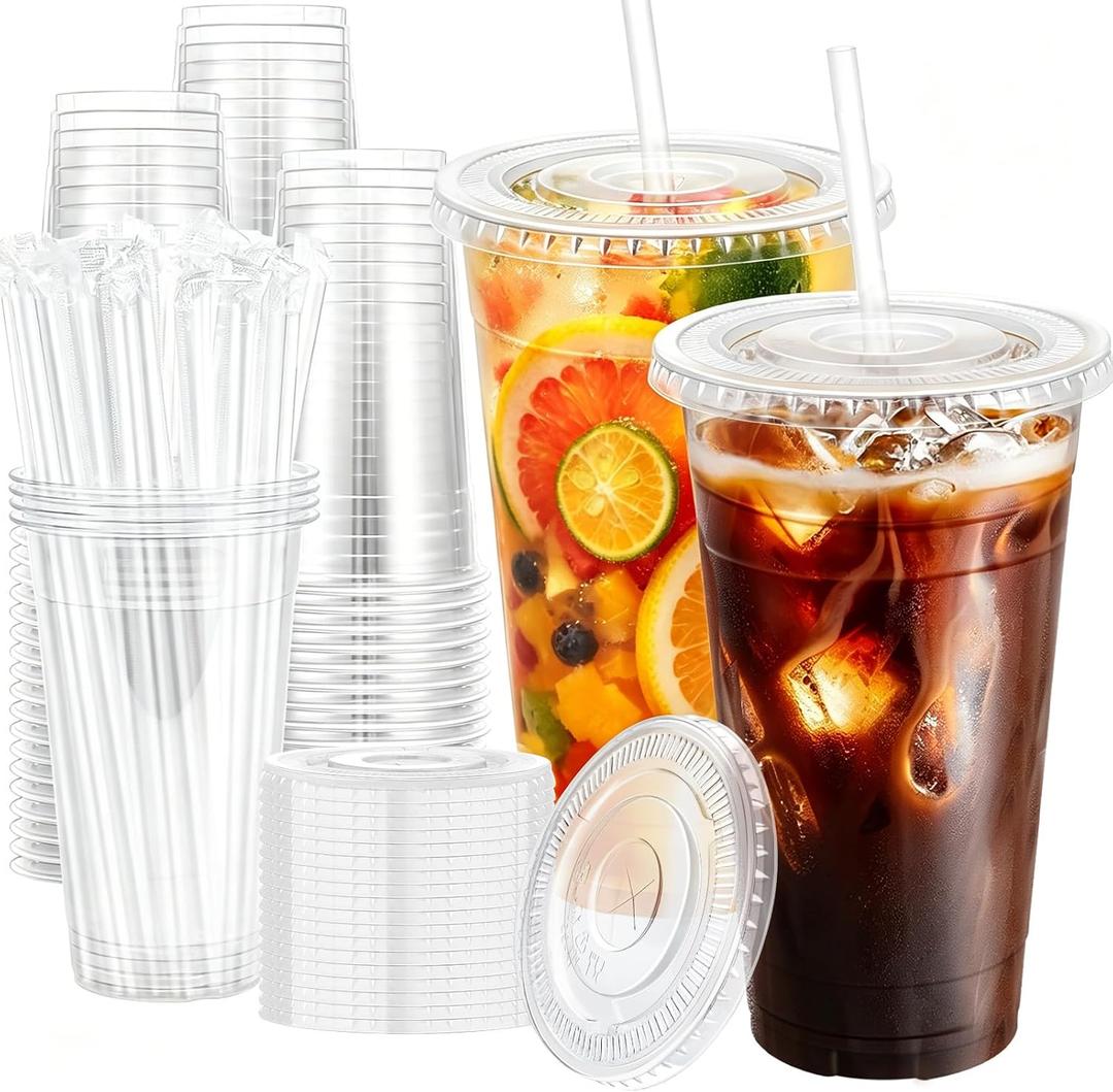 100 Pack 24 oz Clear Plastic Iced Coffee Cups with Lids & Straws