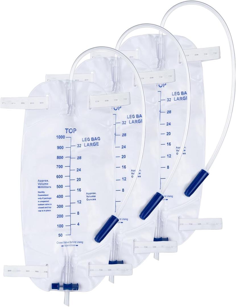 3 Pack 1000ml Sterile Leg Urinary Drainage Bags with 2 Adjustable Elastic Straps, Professional Urine Leg Bag with Anti-Reflux Valve for Men and Women
