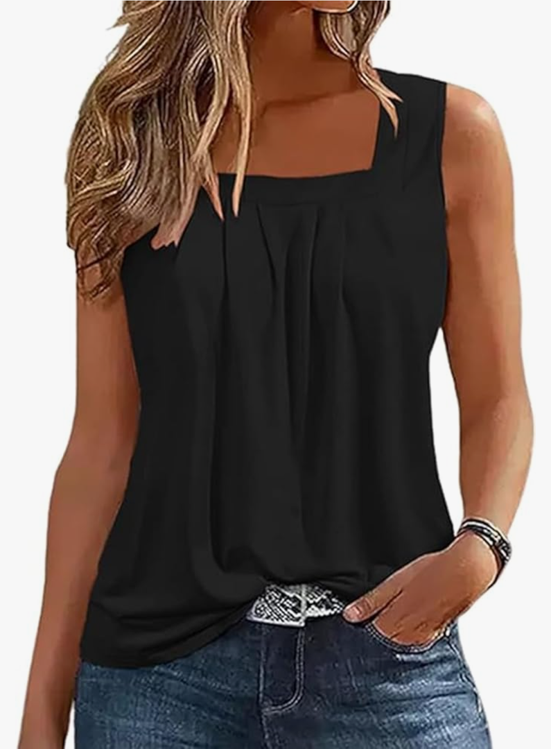 AIMITAG Color Block Ruffled Square Collar Tank Top Women Striped Tank Tee Summer Casual Loose Fit Sleeveless Shirt, 3XL