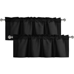 XWZO Kitchen Valances Curtains for Windows Living Room Bedroom Bathroom Toppers Farmhouse Style Rustic Dinning Room Thermal Insulated Rod Pocket, W52 x L18 Inch Length, Black, 2 Pieces