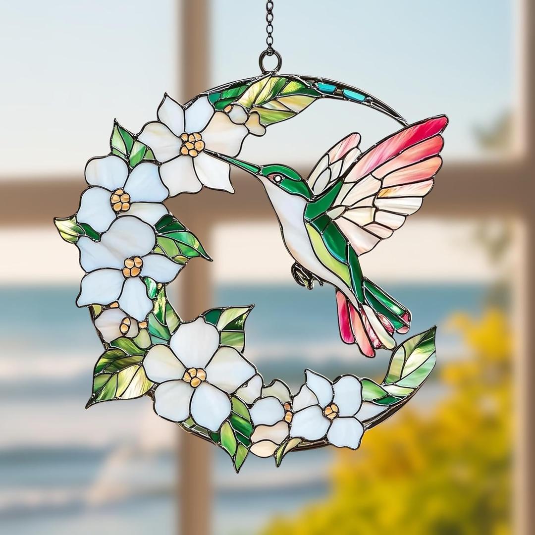 Hummingbird Crescent Moon Acrylic Suncatcher Stained Glass Effect Window Car Hanging Christmas Ornament Indoor Outdoor Decor Garden Sun Catcher Gift for Bird Lover for Women Mom Grandma (6")