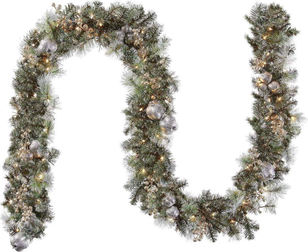 National Tree Company Pre-Lit Artificial Christmas Garland, Green, Pomegranate Pine, White Lights, Decorated With Ball Ornaments, Berry Clusters, Plug In, Christmas Collection, 9 Feet