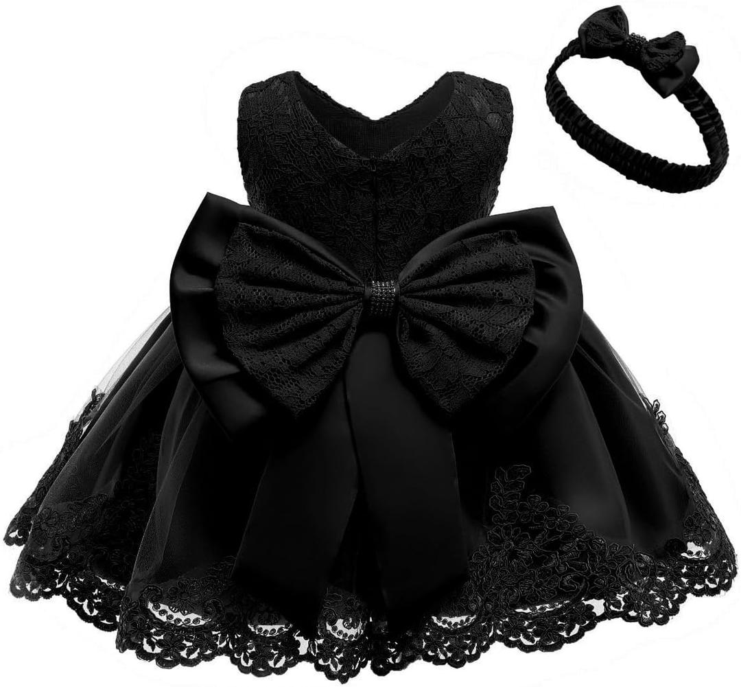 0-6T Toddler Baby Girl Embroidered Tutu Ball Gown Lace Dresses with Headwear (2-3T, Black)
