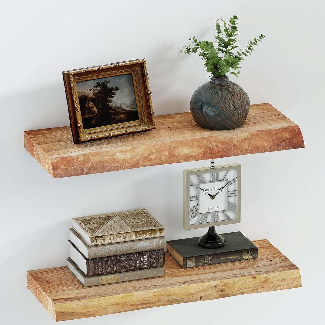SAUMONIERES Live Edge Floating Shelves for Bedroom Living Room Wall Mounted Storage Long Natural Elm Wood Shelf Large Heavy Duty 8 Inch Deep, 24 inch Set of 2 Narutal Floating Shelves