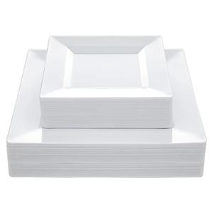 N9R 60PCS White Square Plastic Plates, 30 Dinner & 30 Dessert Plates Heavy Duty, Fancy Disposable Plates for Party, Wedding and other Events