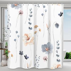 Shower Curtain Watercolor Flower Shower Curtain Sets - Spring Blue Beige Floral Plant Shower Curtains for Bathroom, Washable Modern Farmhouse Decor, 72 x 72