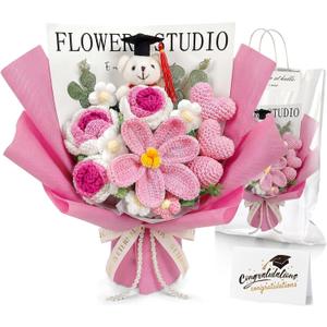 Giegxin 2026 Graduation Bear Flower Bouquet Set Pink Crochet Graduation Bouquet Gift Knitted Rose Flower Mini Plush Bear Greeting Card Gift Bag for Teacher Appreciation Grad Party Favors Supplies