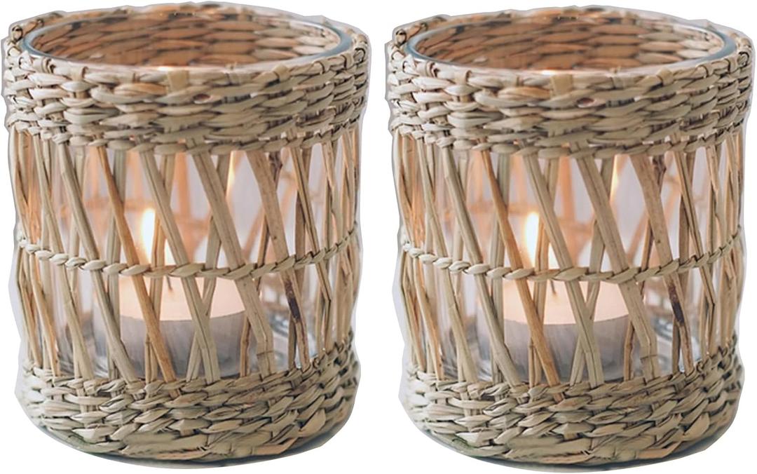 Wicker Rattan Woven Tea Light Candle Holder Set of 2, Handcraft Woven Votive Candle Holder, Rustic Vintage Seagrass Glass Votive Candle Holders for Dining Table Christmas Decoration