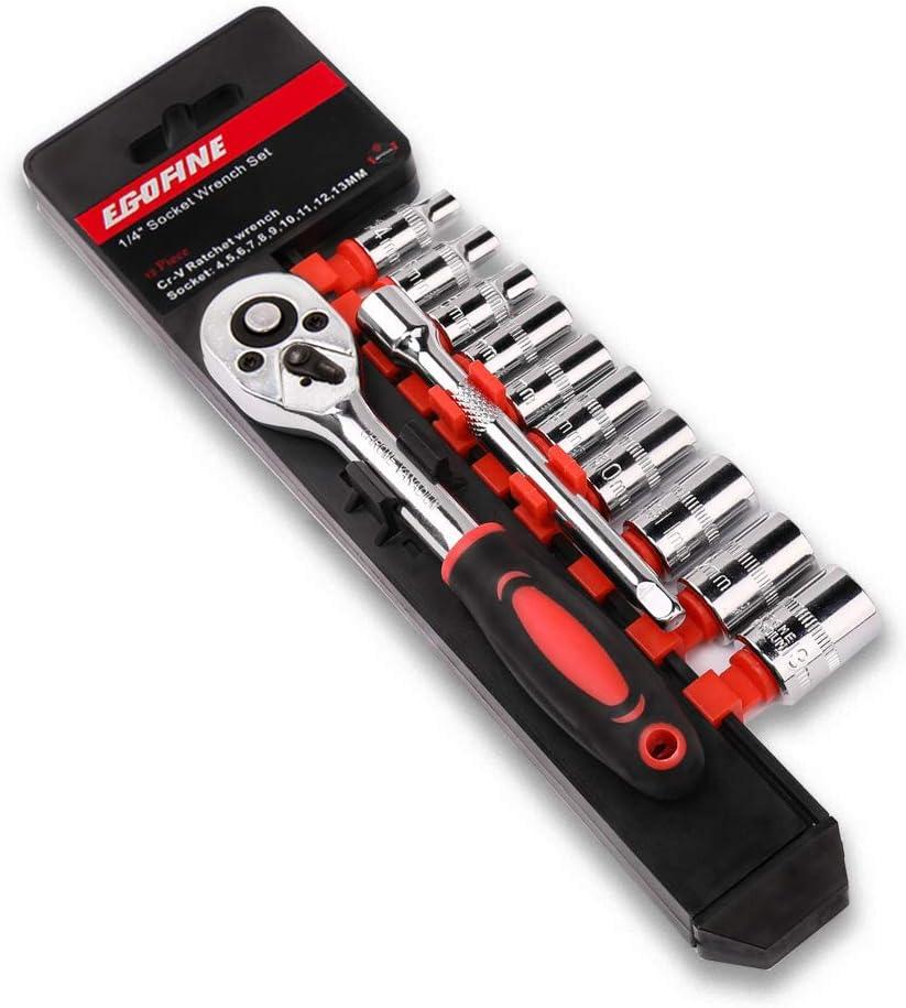 Egofine 12pcs 1/4 Inch Ratchet Socket Wrench Set, Drive Socket Set with 10 Sockets (4-13mm) and 2 Way Quick Released Ratchet Handle and Extension Bar