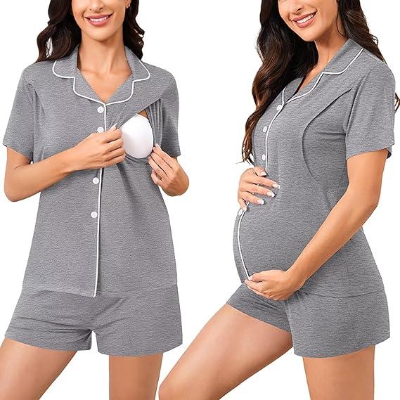 SWOMOG Womens Maternity Nursing Pajama Sets Breastfeeding Sleepwear Postpartum Lounge Sets Double Layer Short Sleeve Top & Shorts Button Down Pjs Deep Grey S