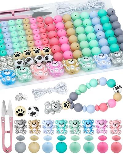124PCS FIVEIZERO Silicone Focal Beads for Keychain Making, Animal Bear, 15mm Round 12mm Lentil & 10mm Rhinestone Beads for Pens, Bracelets & Crafts with Elastic Cord & Scissors