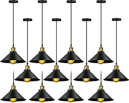 Retisee Black Industrial Pendant Light Vintage Metal E26 Base Hanging Light Rustic Dome Pendant Lamp Fixture Farmhouse Kitchen Hanging Ceiling Lamp for Dining Room Bedroom Hallway Bar (12 Pcs)