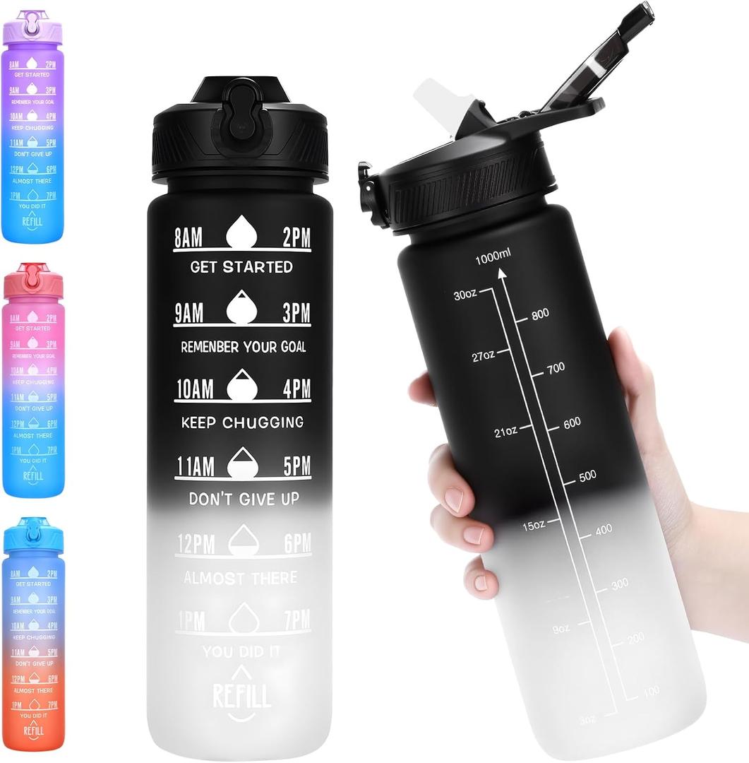 Water Bottle with Straw, 32oz Motivational Water Bottles with Time Marker, LeakProof Tritan BPA Free,Sports Water Bottle with Handle for Women Man Gym Fitness Outdoor (Black)