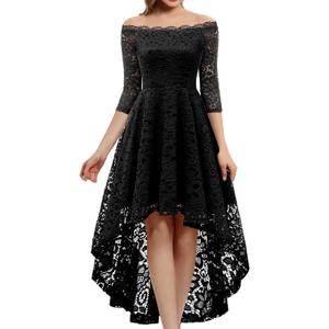 Dressystar Women's Lace Wedding Guest Dress Hi-Lo Off Shoulder Cocktail Party Bridesmaid Swing Formal Dresses Black XXL