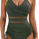 Blooming Jelly Womens One Piece Swimsuit Mesh Tummy Control Bathing Suits Drawstring Metal Swim Suit 2025 (X-Large, Green)
