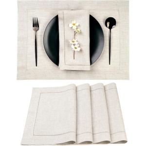 D'Moksha Homes Light Natural Linen Cloth Placemats Set of 4-100% Pure Linen Hemstitch Placemats 14 x 19 Inch - Classic Hemstitch Table Place Mats for Christmas - Handcrafted, Machine Washable