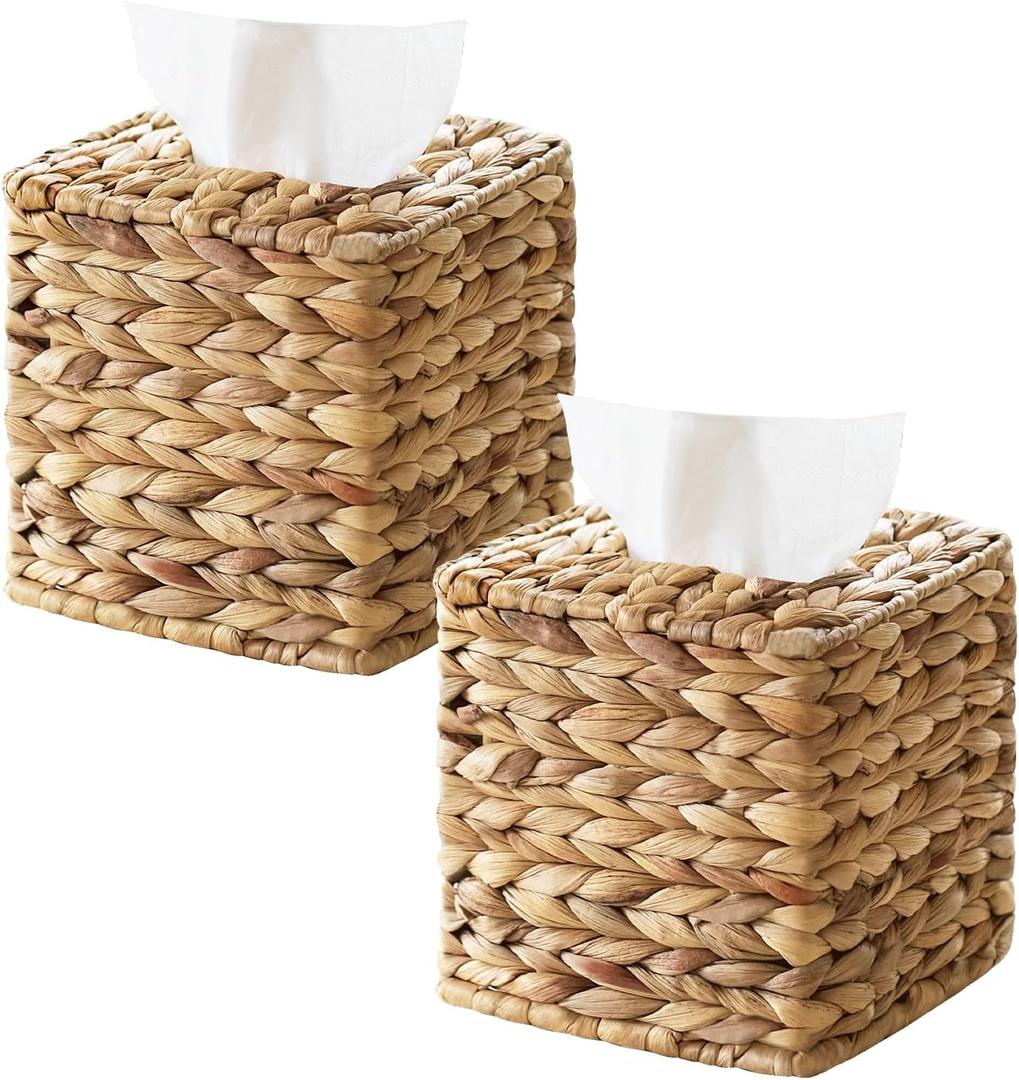 2 Pack Rattan Tissue Box Cover Square, Wicker Tissue Box Holder Facial Tissues Boxes, Hand Woven Square Tissue Box Cover Tissue Holder for Bathroom, Natural