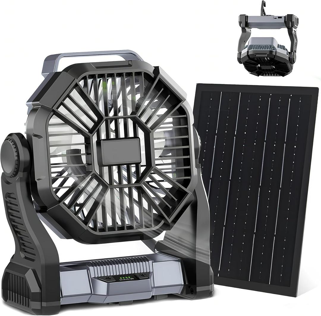 CONBOLA 25400mAh,Camping Fan, Portable Fans Rechargeable 9-Inch Battery Powered (180Hrs) LED Lantern, USB C Battery Beach Fan. (Gray Solar)