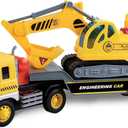 Maxx Action 17’’ Vehicle Transport with Excavator – Bright Lights and Construction Sounds | Friction Powered Trailer | 3 Piece Toy Playset for Kids | Yellow Construction Truck for Kids