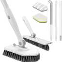 nacena Shower Scrubber with Long Handle, 4 in 1 Tile Tub Scrubber Brush with 3 Detachable Cleaning Heads and V-Shaped Grout Brush Shower Cleaner Brush for Bathroom Kitchen Toilet Tub Sink, Grey White