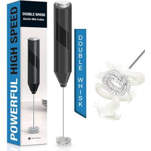 Double Whisk Milk Frother, Handheld Electric Blender stick, Drink Mixer with Food Grade Stainless Steel Stirrer, Battery Operated Foam Maker for Coffee, Cappuccino, Frappe, Matcha, Hot Chocolate Latte (Black)