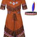 Gorkonpy Native American Costume Girls with Headdress (3-5T, Brown)