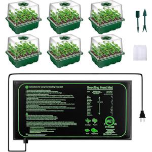 6-Pack Seed Starter Trays with 10"x20.75" Seedling Heat Mat for Indoor Home Gardening Seed Starting, 72-Cell Seed Starter Kit with Humidity Dome(12 Cells per Tray), MET Certified