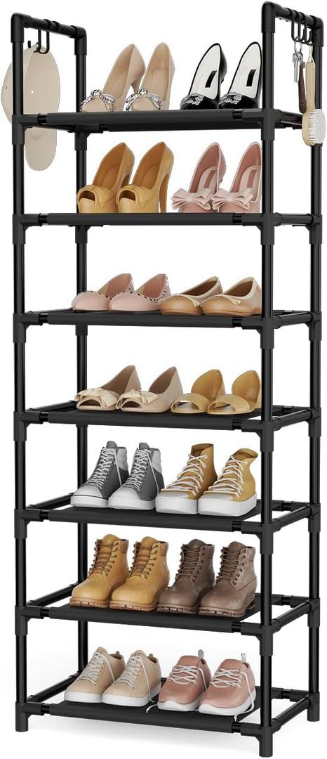 LANTEFUL 7 Tiers Shoe Rack 18-20 Pairs Boots Organizer Storage Sturdy Narrow Shoe Shelf for Entryway, Closets with Hooks, Black