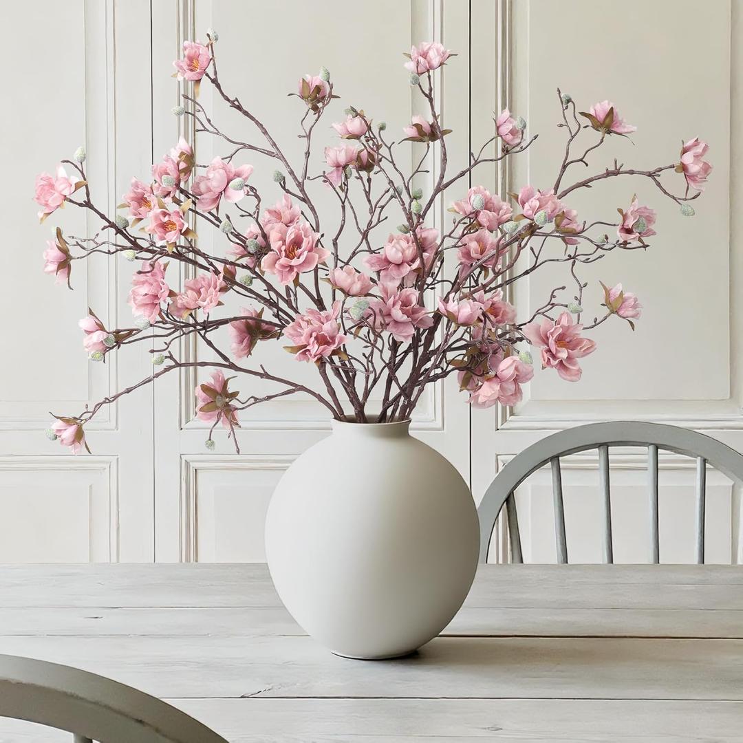 HyeFlora 3PCS Artificial Magnolia Flowers Stems for Spring Decoration, Faux Pink Magnolia Branches with Buds, 34.5" Long Stems Floral Arrangement for Vase Pot Table Centerpiece Indoor Decor