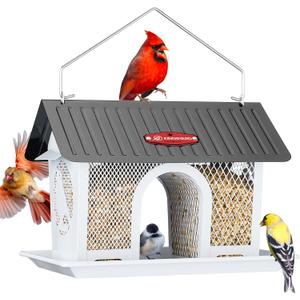 Kingsyard Metal Bird Feeder for Outdoors Hanging, Wild Bird Feeders with Weatherproof Roof & Seed Tray for Cardinal Finch Chickadee, White
