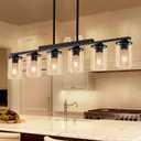 40.15'' Large Farmhouse Dining Room Light Fixture, 6-Light Kitchen Island Lighting, Black and Rustic Wood Adjustable Farmhouse Chandeliers for Dining Room Pendant Light Fixture, 6 Clear Glass Shades