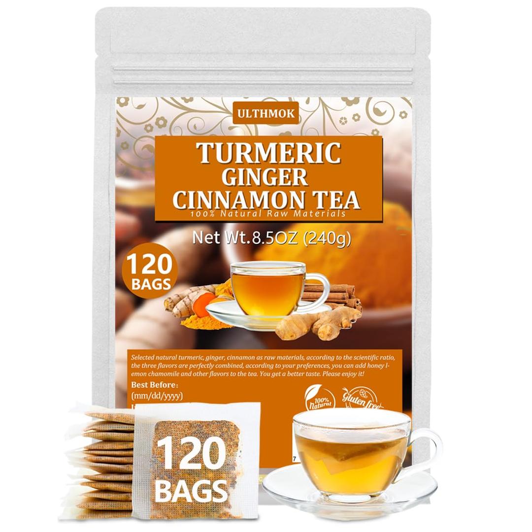 120 Premium Turmeric, Ginger, Cinnamon Blend Tea Bags, 100% Natural & No Additives & Caffeine Free BBD 03/19/27