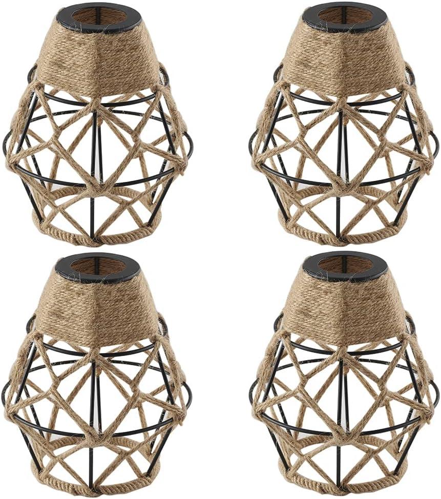 Metal Cage Handcrafted Woven Lampshade in Natural Neutral Jute Rope Industrial Style Lighting with Elegant Patterns for Wall Sconces Ceiling/Pendant Lights Table/Floor Lamps Home Decor - 4 Packs