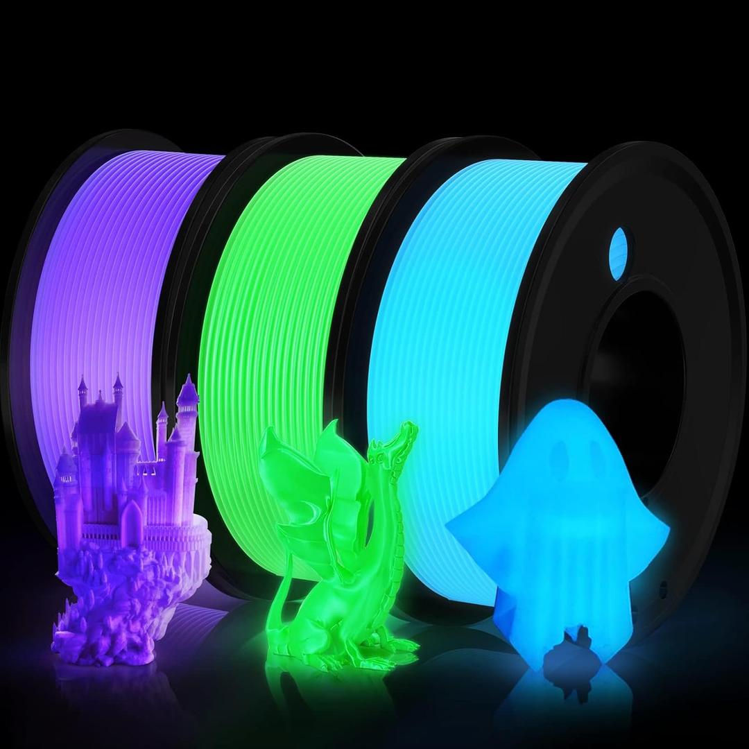 3D Printer Filament PLA Glow in The Dark 1.75mm 3-D Printing Materials 3 Colors Bundle Print Filiment 1.75 mm Green Blue Purple Fillament Accuracy 0.05mm Spool Vacuum Packaging 250G X 3