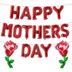 4 x Red Happy Mothers Day Balloons 16 Inch Mothers Day Balloons Red Rose Balloons for Mother's Days Party Decorations