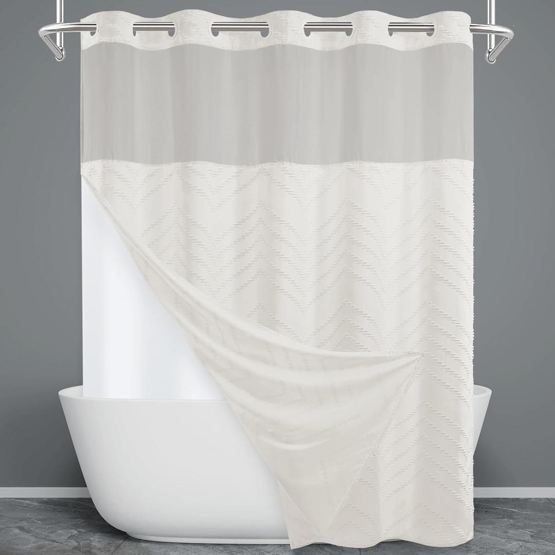 No Hook Shower Curtain with Snap in Liner, Tufted Chevron Striped Shower Curtain Set for Bathroom, Boho Waterproof and Washable Shower Curtains, 71Wx74H, Cream