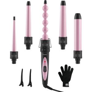 5 in 1 Curling Wand Set: Ohuhu Curling Iron Wand 5Pcs 0.35 to 1.25 Inch Interchangeable Ceramic Barrel Heat Protective Glove 2 Clips Dual Voltage Hair Curler for Women Pink