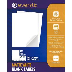 8.5" x 11", 100 Sheets, 100 Printable White Sticker Paper, Full Sheet Shipping Labels for Laser & Inkjet Printers, Letter Size