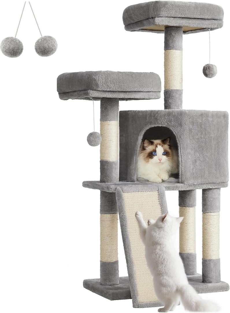 Feandrea Cat Tower, Cat Tree for Indoor Cats, 45.3-Inch Cat Condo with Scratching Post, Ramp, Perch, Spacious Cat Cave, for Kittens, Elderly Cats, Adult Cats, Small Space, Light Gray UPCT141W01