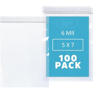 GPI - 6 Mil, Extra Heavy-Duty, 5" x 7" Clear Plastic Reclosable Zip Bags, Puncture-Resistant, Strong Resealable Poly Bags, With Lock Zipper Seal, For Screws, Nuts, Bolts & Constuction, 100 Count